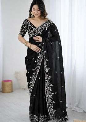 Black Embroidered Fendy Chiffon Saree Set for Diwali and Festive Wear