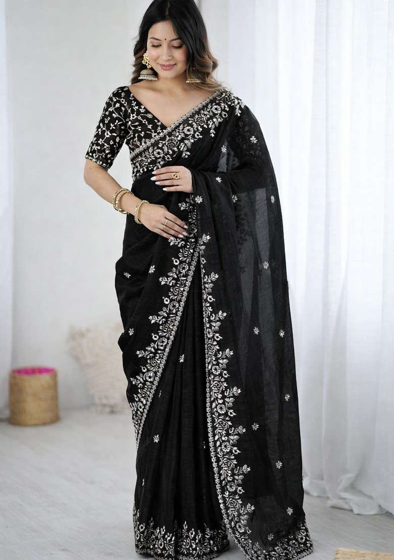 Black Embroidered Fendy Chiffon Saree Set for Diwali and Festive Wear - Indya