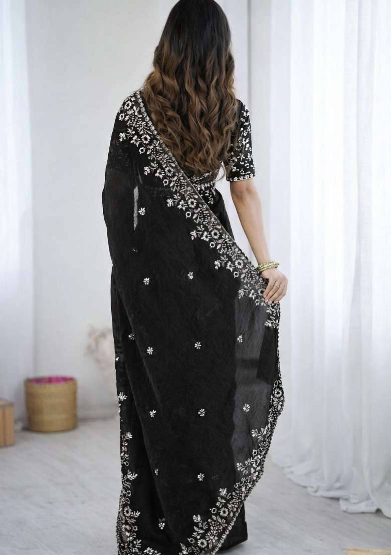 Black Embroidered Fendy Chiffon Saree Set for Diwali and Festive Wear - Indya