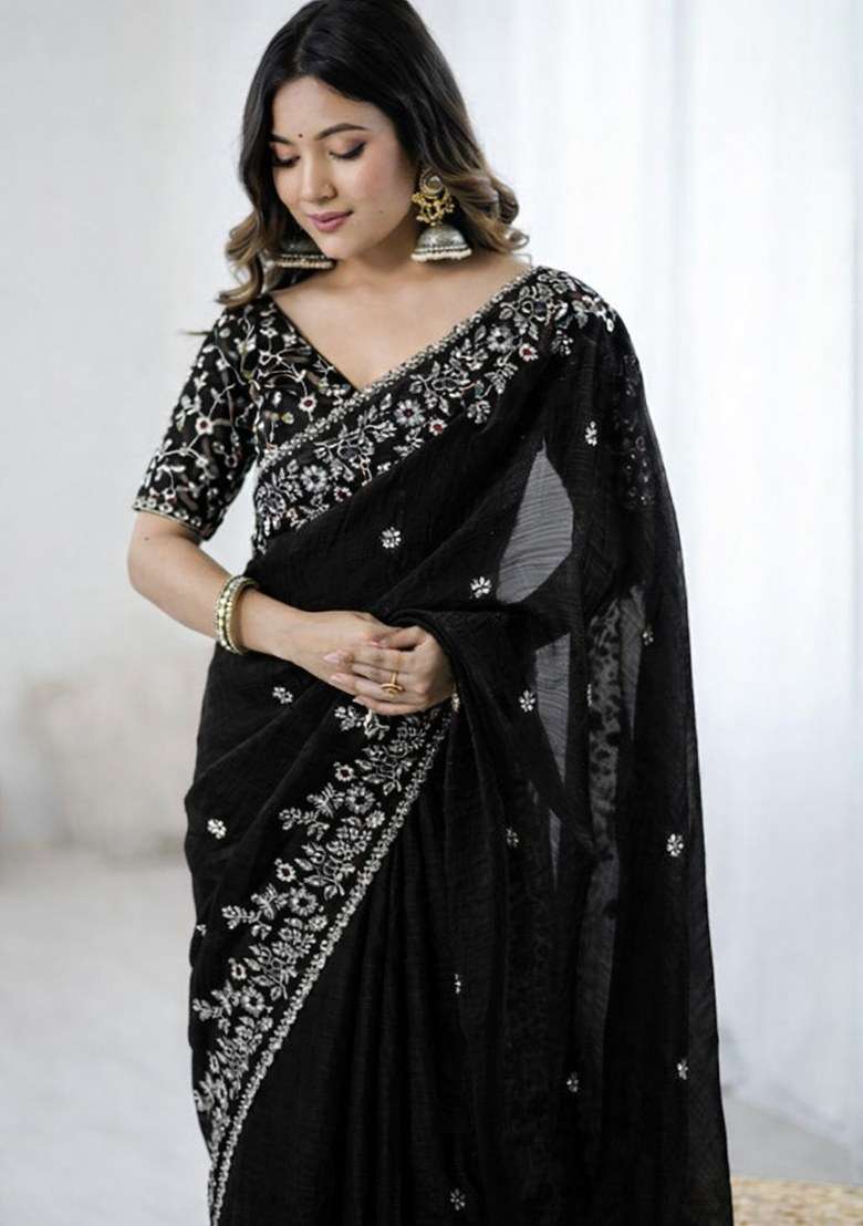 Black Embroidered Fendy Chiffon Saree Set for Diwali and Festive Wear - Indya