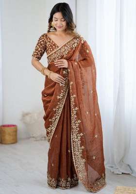 Brown Embroidered Fendy Chiffon Saree Set for Diwali and Festive Wear