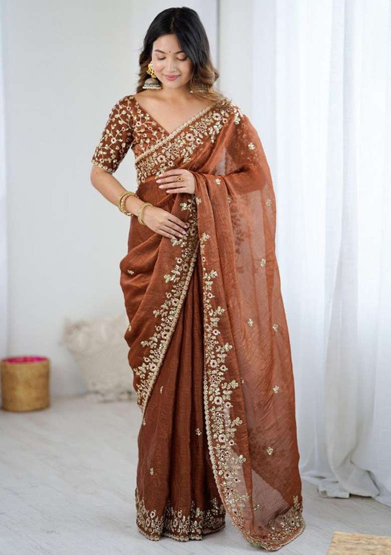 Brown Embroidered Fendy Chiffon Saree Set for Diwali and Festive Wear - Indya