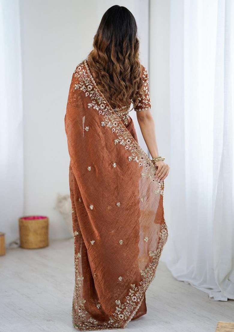 Brown Embroidered Fendy Chiffon Saree Set for Diwali and Festive Wear - Indya