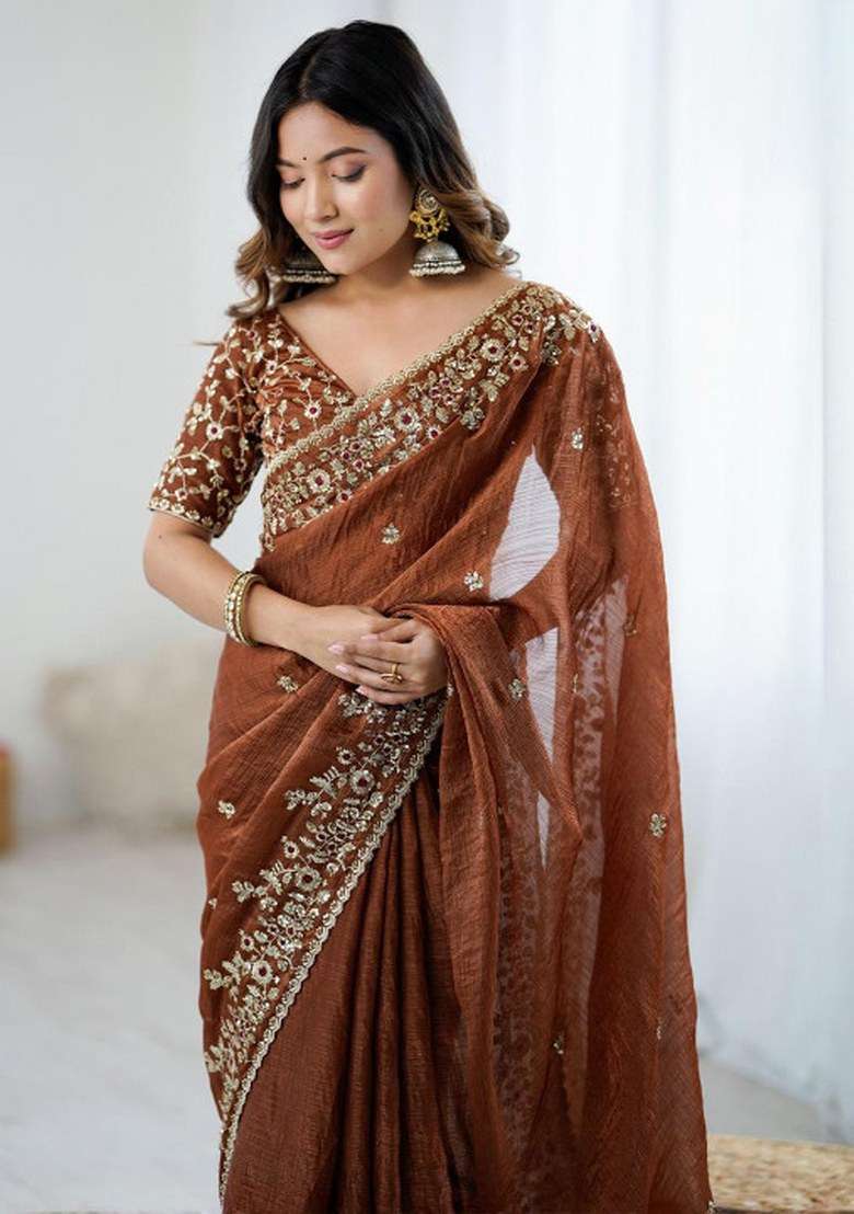 Brown Embroidered Fendy Chiffon Saree Set for Diwali and Festive Wear - Indya