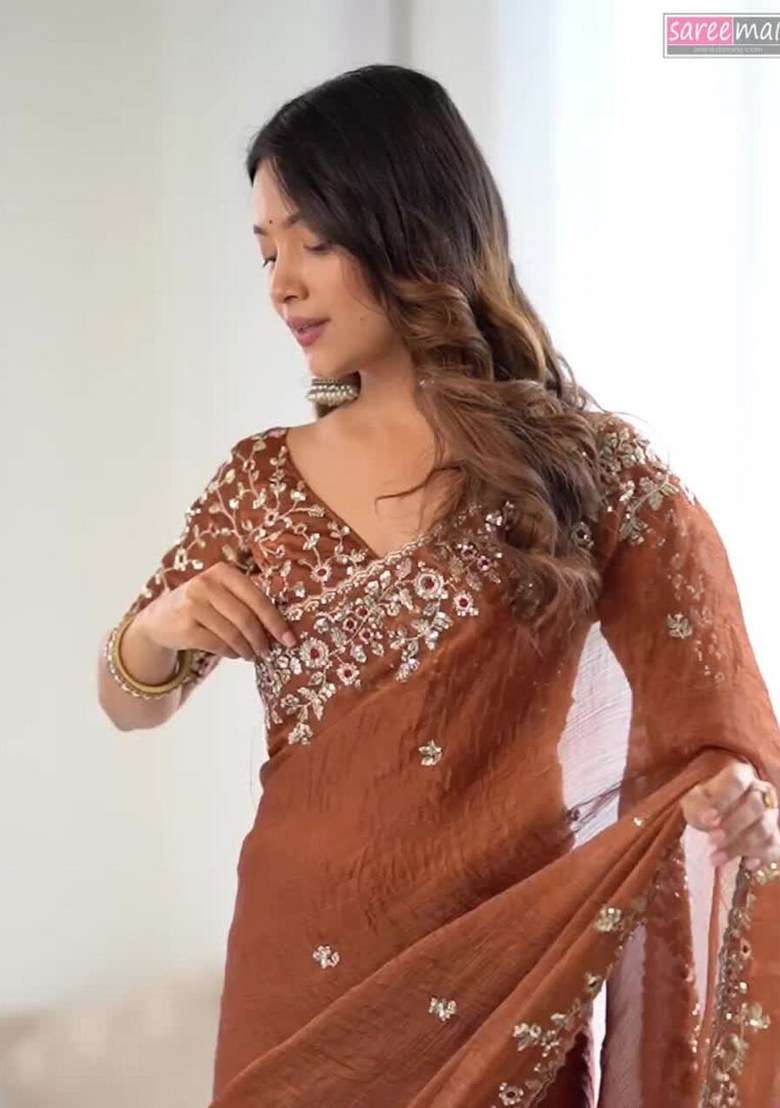 Brown Embroidered Fendy Chiffon Saree Set for Diwali and Festive Wear - Indya