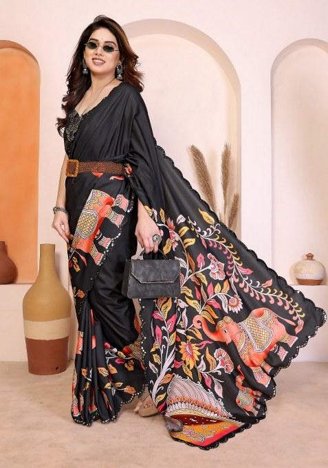 Black Mirror Work Silk Blend Saree Set for Diwali and Festive Wear