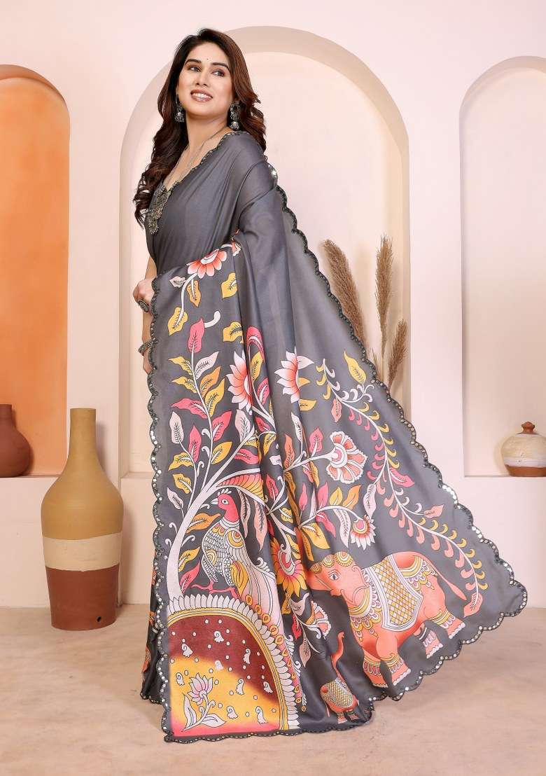 Grey Silk Blend Saree Set with Mirror Work for Diwali | Wedding & Festive Wear - Indya