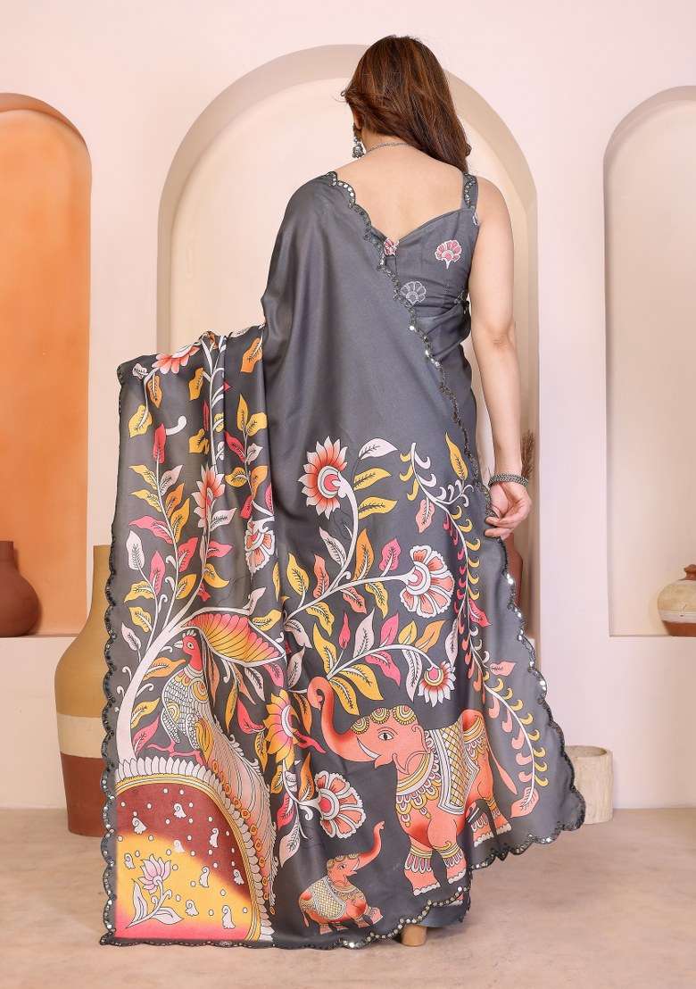 Grey Silk Blend Saree Set with Mirror Work for Diwali | Wedding & Festive Wear - Indya