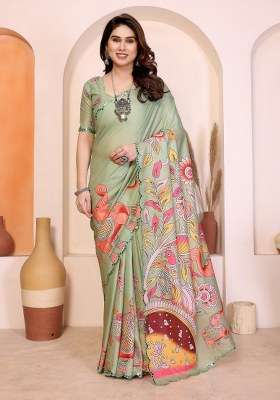 Pista Green Mirror Work Silk Blend Saree Set for Diwali and Festive Wear