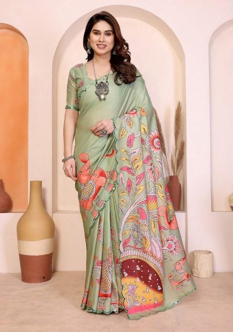Pista Green Mirror Work Silk Blend Saree Set for Diwali and Festive Wear