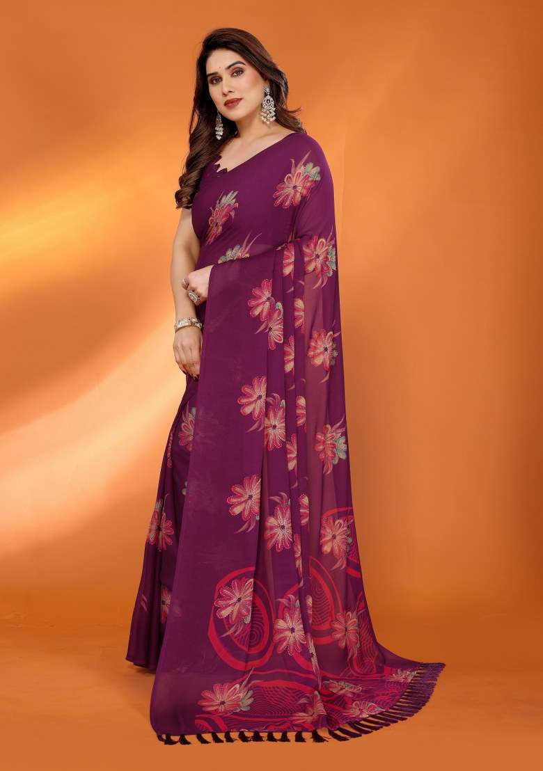 Purple Printed Moss Satin Saree Set for Diwali and Festive Wear - Indya