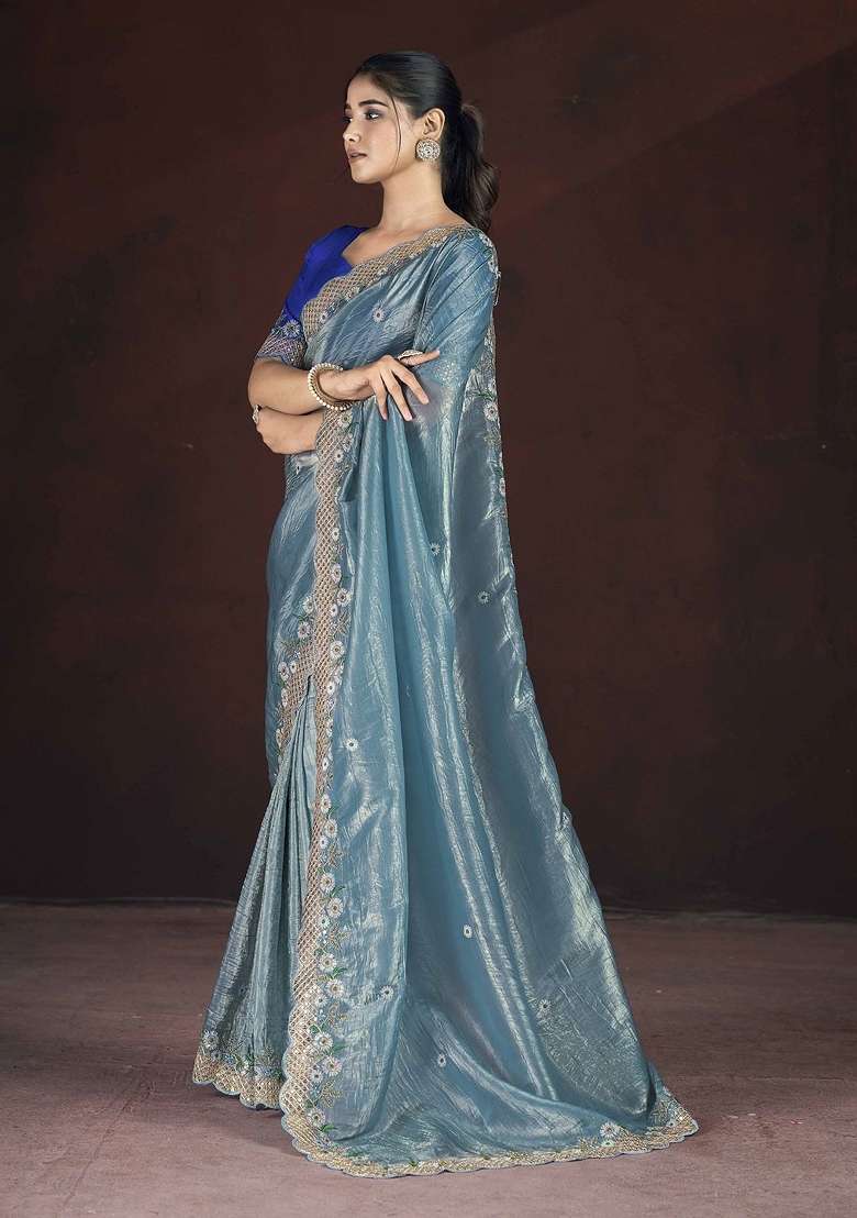Steel Blue Silk Blend Saree Set with Embroidered for Diwali | Wedding & Festive Wear - Indya