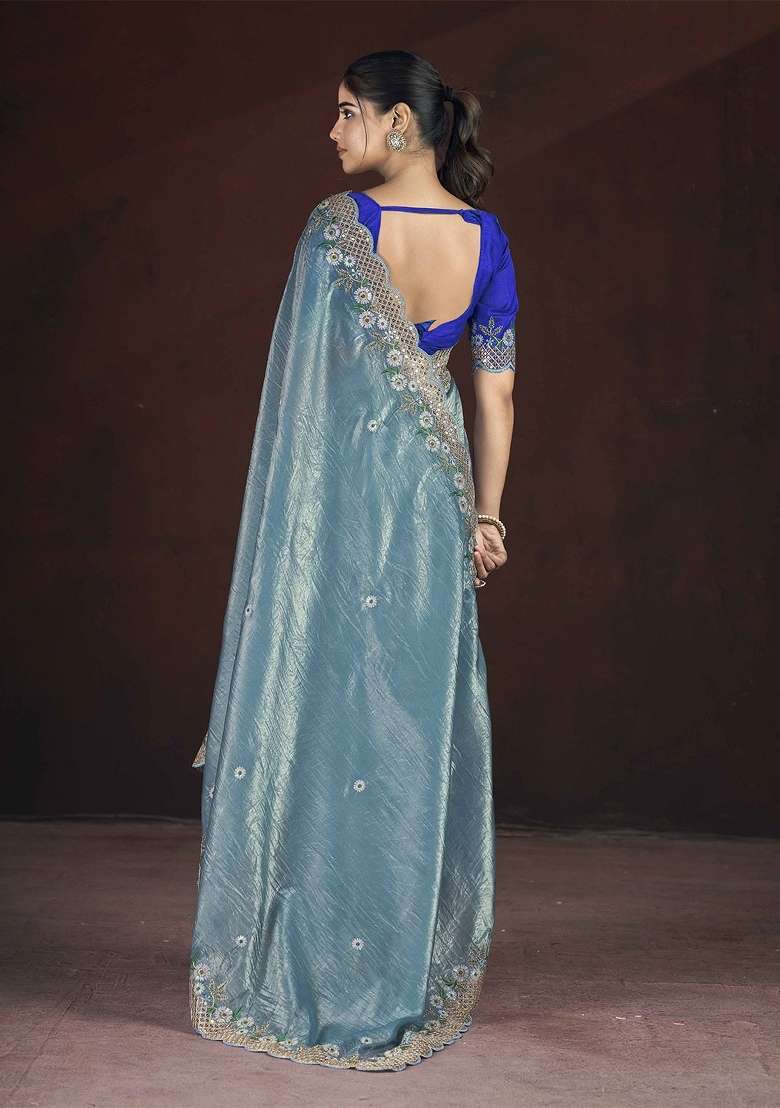 Steel Blue Silk Blend Saree Set with Embroidered for Diwali | Wedding & Festive Wear - Indya