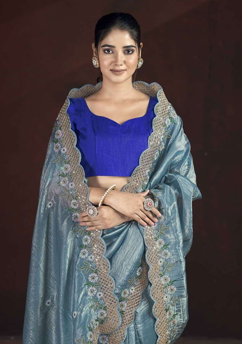Steel Blue Silk Blend Saree Set with Embroidered for Diwali | Wedding & Festive Wear - Indya