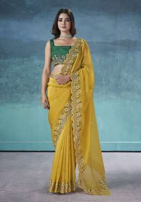 Yellow Silk Blend Saree Set with Embroidered for Diwali | Wedding & Festive Wear