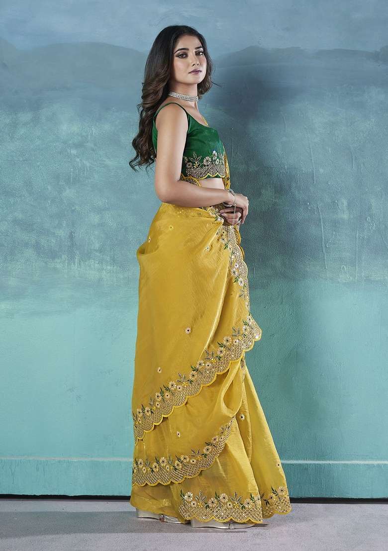Yellow Silk Blend Saree Set with Embroidered for Diwali | Wedding & Festive Wear - Indya