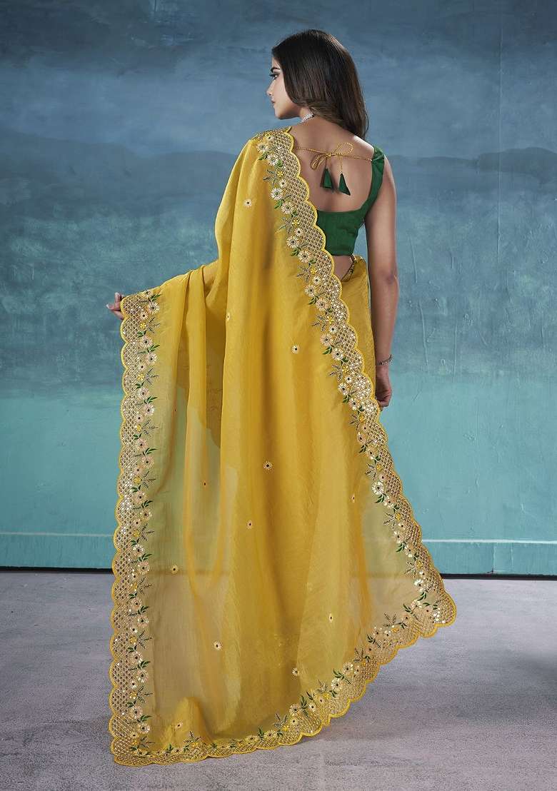 Yellow Silk Blend Saree Set with Embroidered for Diwali | Wedding & Festive Wear - Indya