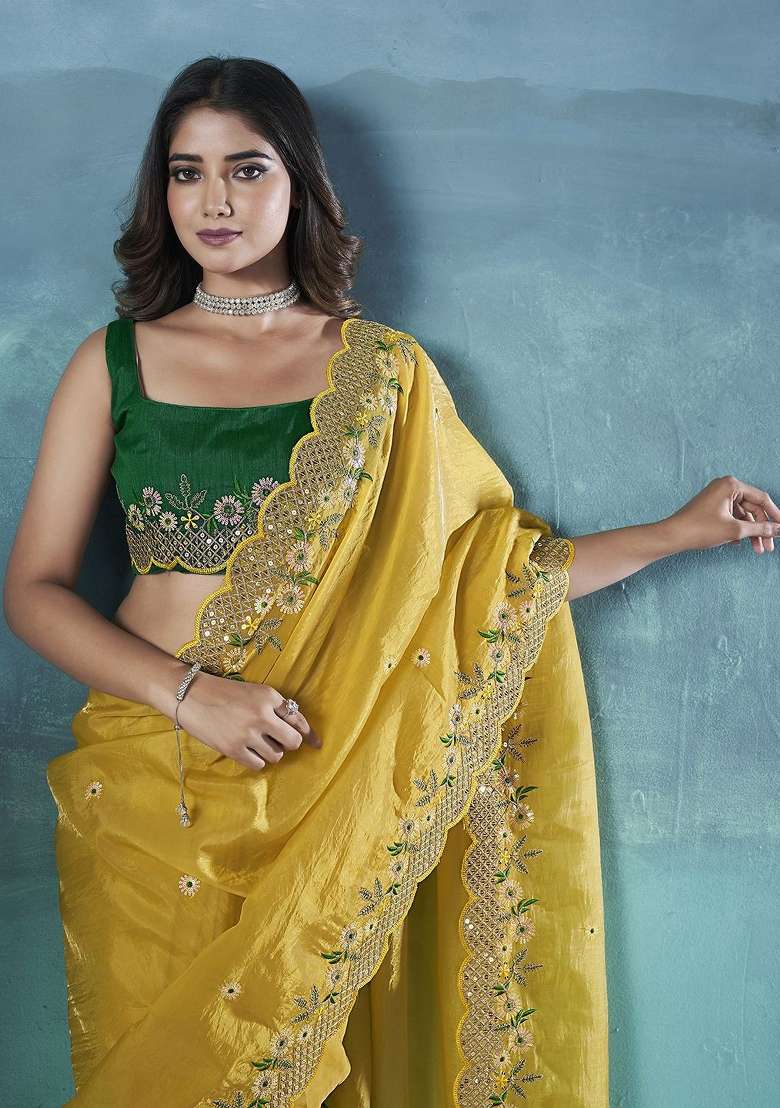 Yellow Silk Blend Saree Set with Embroidered for Diwali | Wedding & Festive Wear - Indya