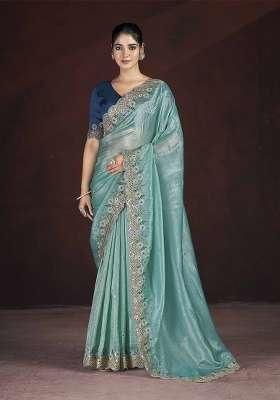 Sea Green Silk Blend Saree Set with Embroidered for Diwali | Wedding & Festive Wear