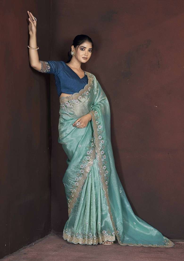 Sea Green Silk Blend Saree Set with Embroidered for Diwali | Wedding & Festive Wear - Indya