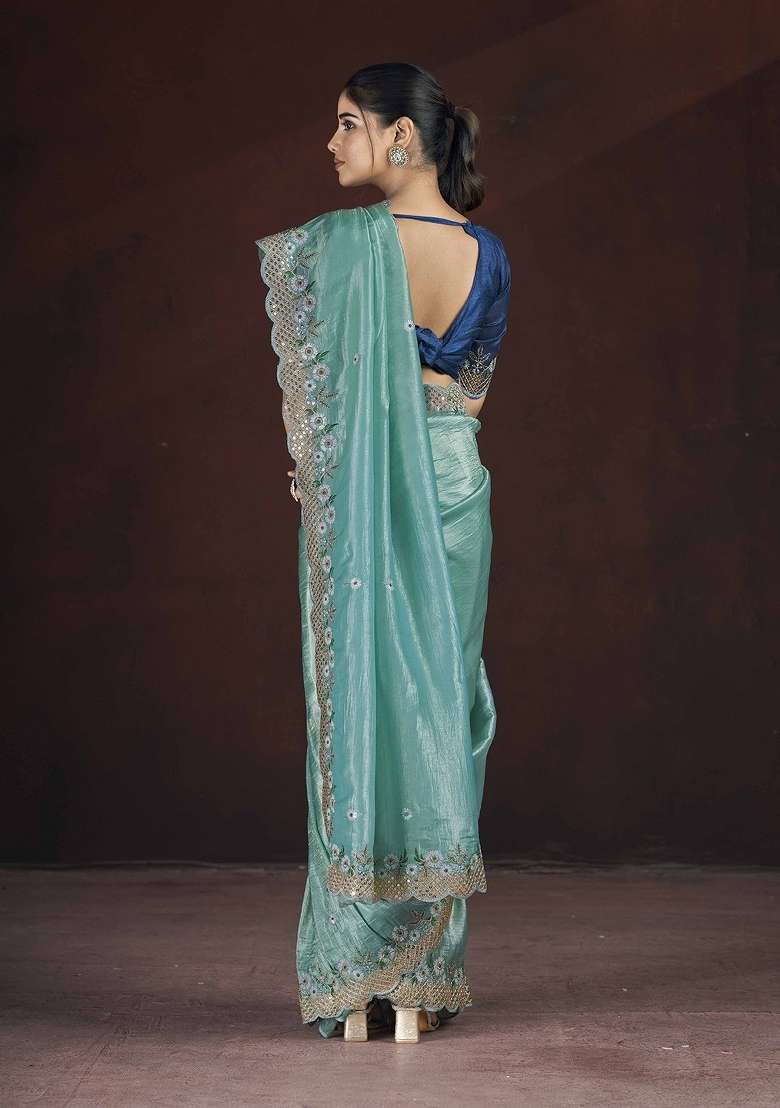 Sea Green Silk Blend Saree Set with Embroidered for Diwali | Wedding & Festive Wear - Indya