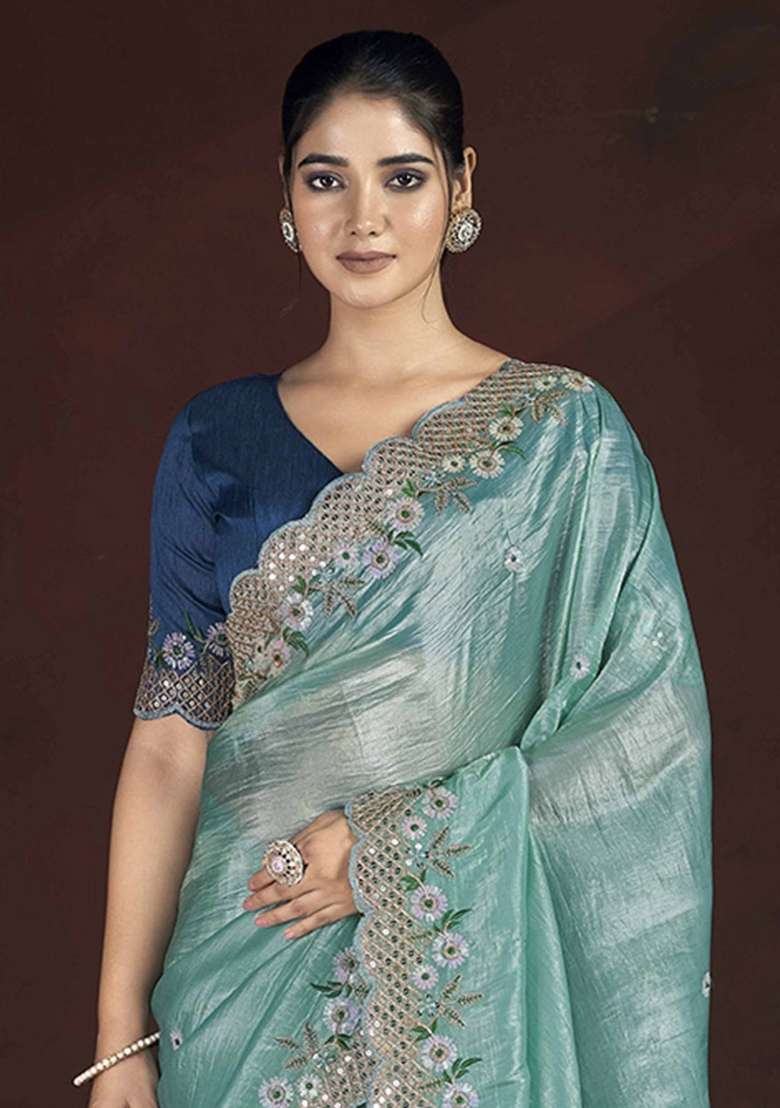 Sea Green Silk Blend Saree Set with Embroidered for Diwali | Wedding & Festive Wear - Indya