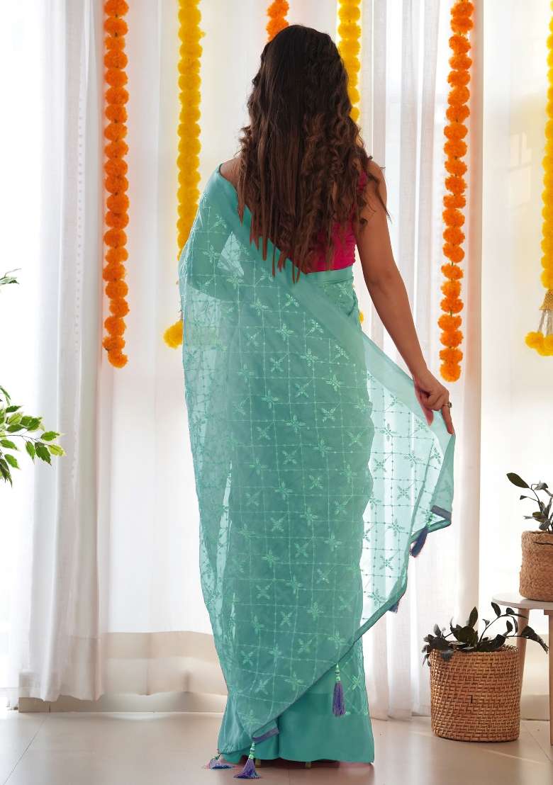 Sea Green Embellished Georgette Saree Set for Diwali | Wedding & Festive Wear - Indya