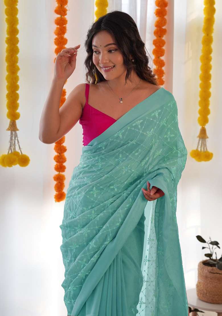 Sea Green Embellished Georgette Saree Set for Diwali | Wedding & Festive Wear - Indya