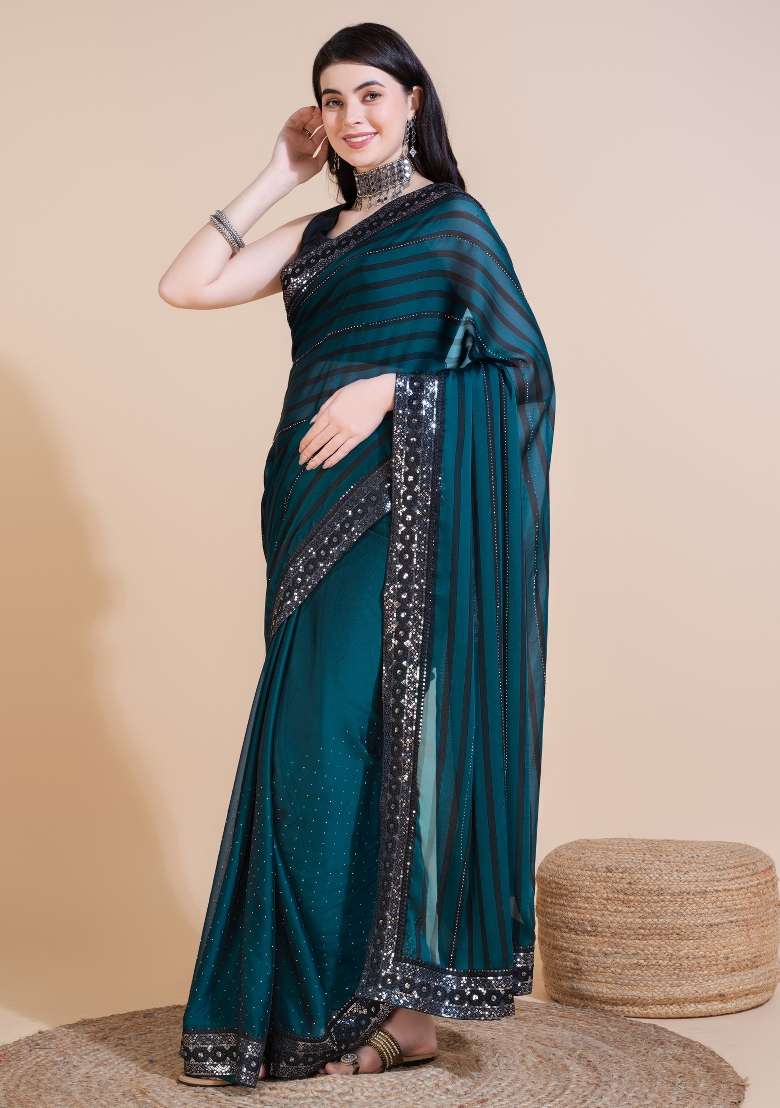 Blue Embroidered Silk Blend Saree Set for Diwali and Festive Wear - Indya