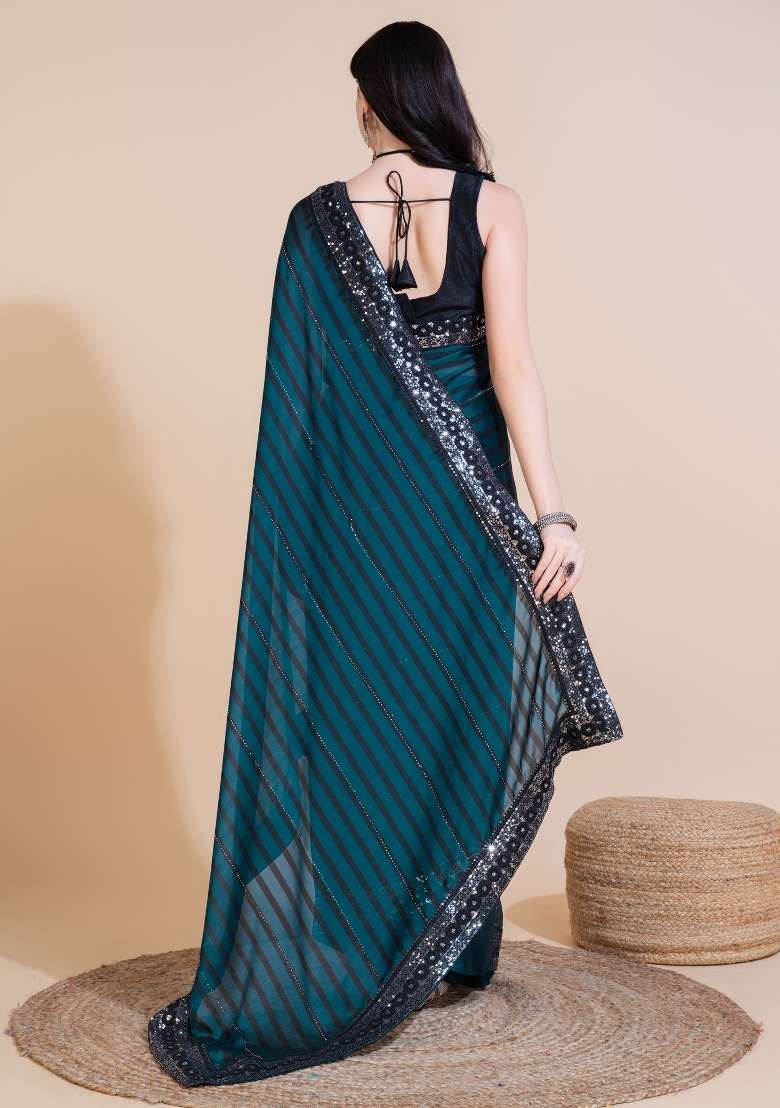 Blue Embroidered Silk Blend Saree Set for Diwali and Festive Wear - Indya
