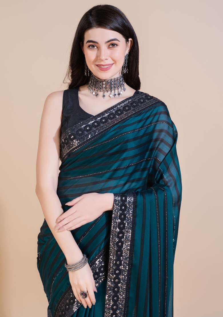 Blue Embroidered Silk Blend Saree Set for Diwali and Festive Wear - Indya
