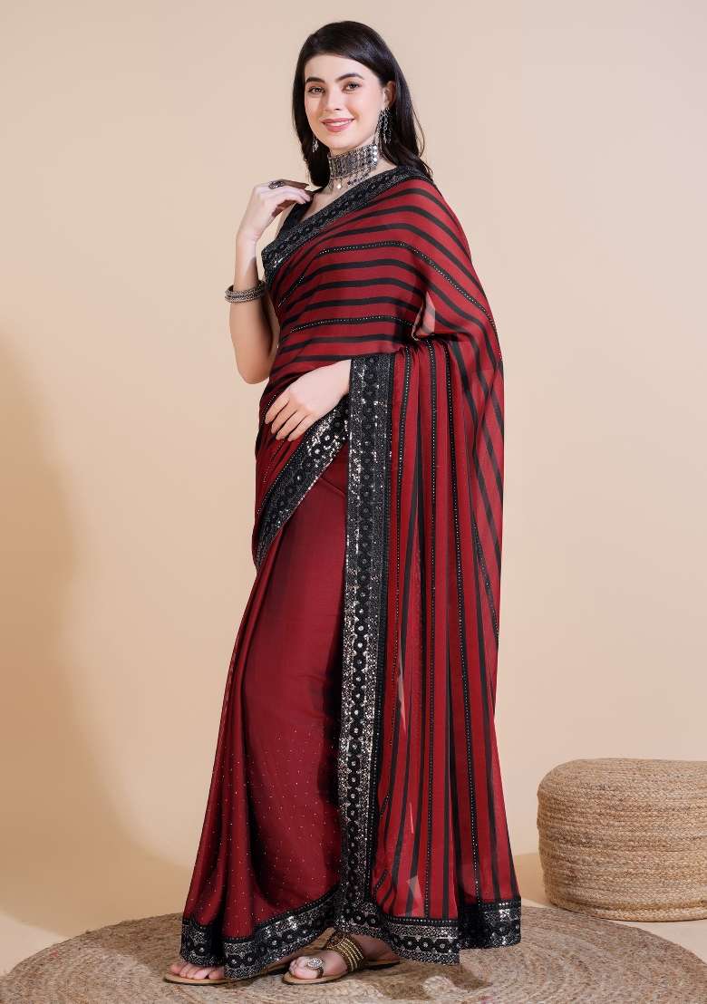 Maroon Silk Blend Saree Set with Embroidered for Diwali | Wedding & Festive Wear - Indya