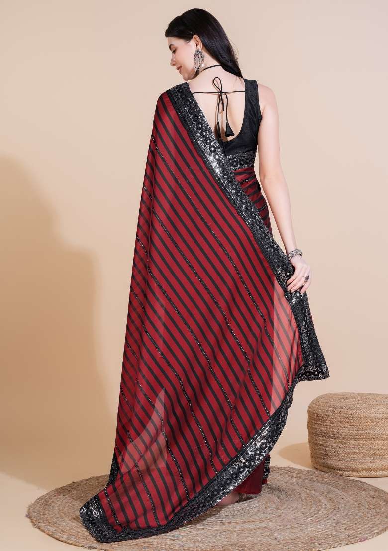 Maroon Silk Blend Saree Set with Embroidered for Diwali | Wedding & Festive Wear - Indya
