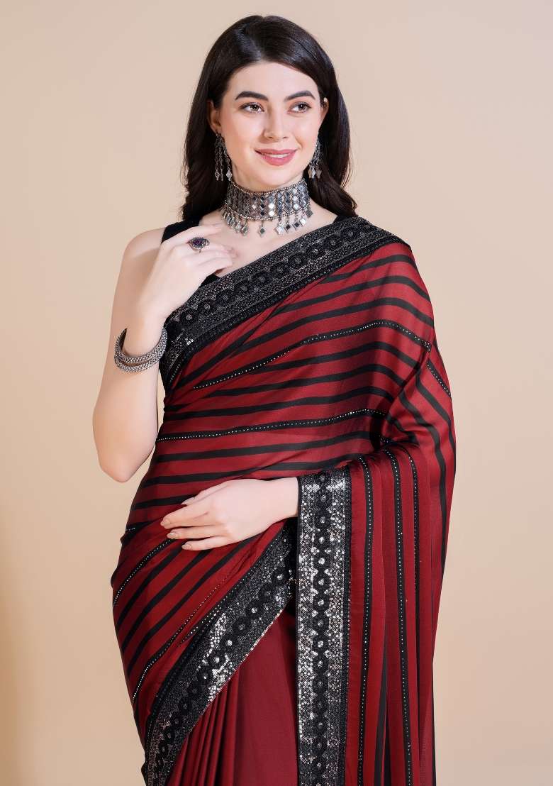 Maroon Silk Blend Saree Set with Embroidered for Diwali | Wedding & Festive Wear - Indya