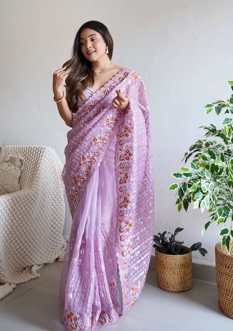 Lavender Silk Blend Saree Set with Embroidered for Diwali | Wedding & Festive Wear - Indya