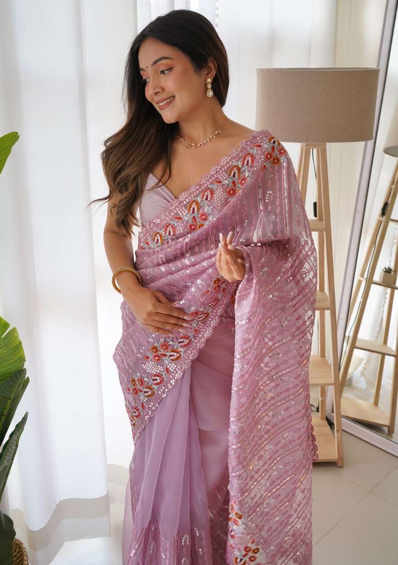 Lavender Silk Blend Saree Set with Embroidered for Diwali | Wedding & Festive Wear - Indya