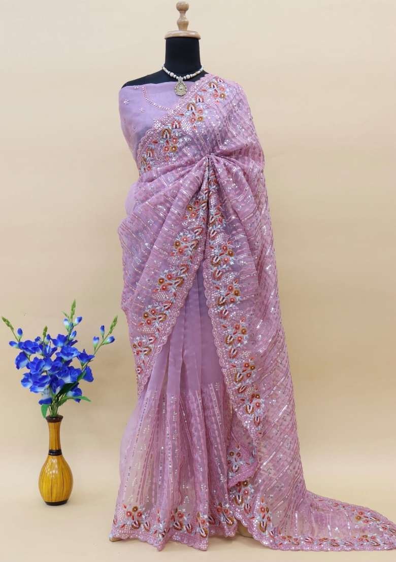 Lavender Silk Blend Saree Set with Embroidered for Diwali | Wedding & Festive Wear - Indya