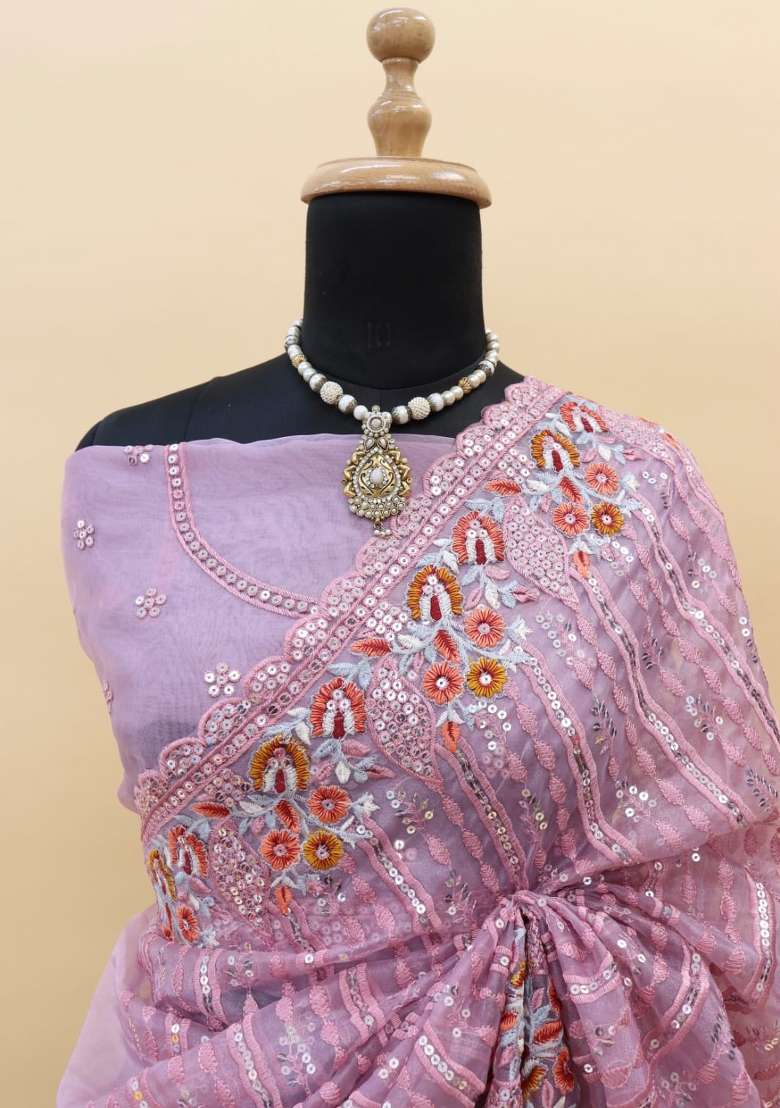 Lavender Silk Blend Saree Set with Embroidered for Diwali | Wedding & Festive Wear - Indya