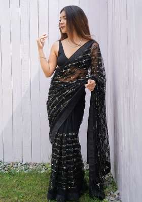 Black Embroidered Net Saree Set for Diwali and Festive Wear