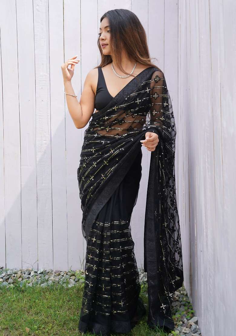 Black Embroidered Net Saree Set for Diwali and Festive Wear - Indya