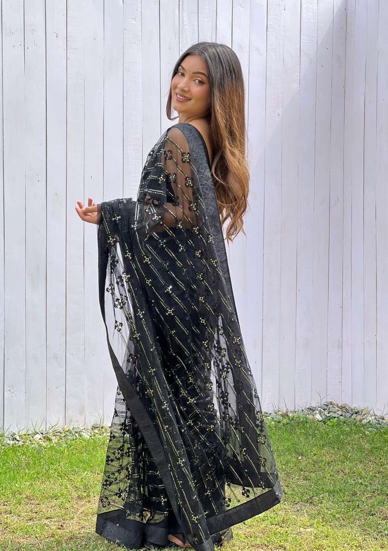 Black Embroidered Net Saree Set for Diwali and Festive Wear - Indya