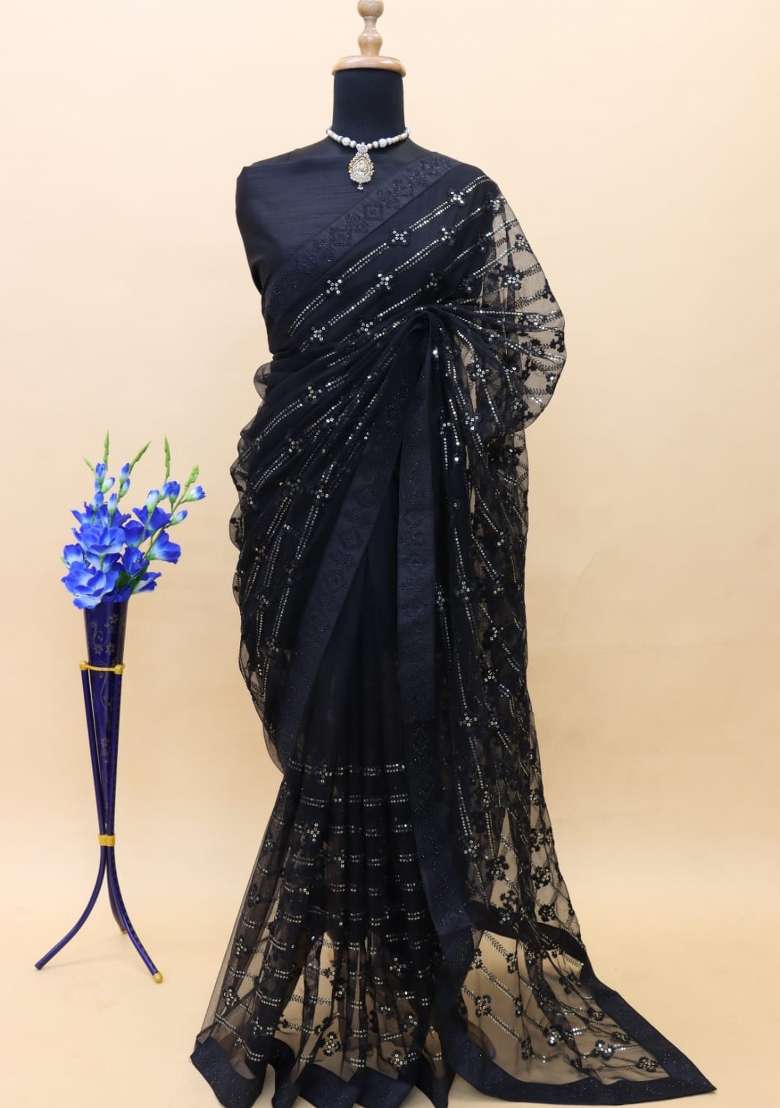 Black Embroidered Net Saree Set for Diwali and Festive Wear - Indya