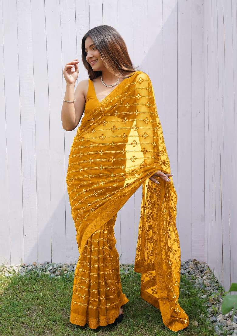 Yellow Net Saree Set with Embroidered for Diwali | Wedding & Festive Wear - Indya