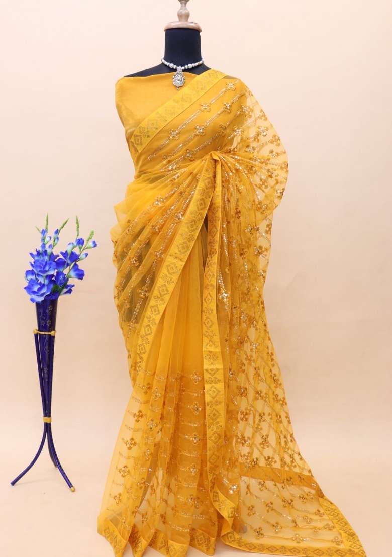 Yellow Net Saree Set with Embroidered for Diwali | Wedding & Festive Wear - Indya