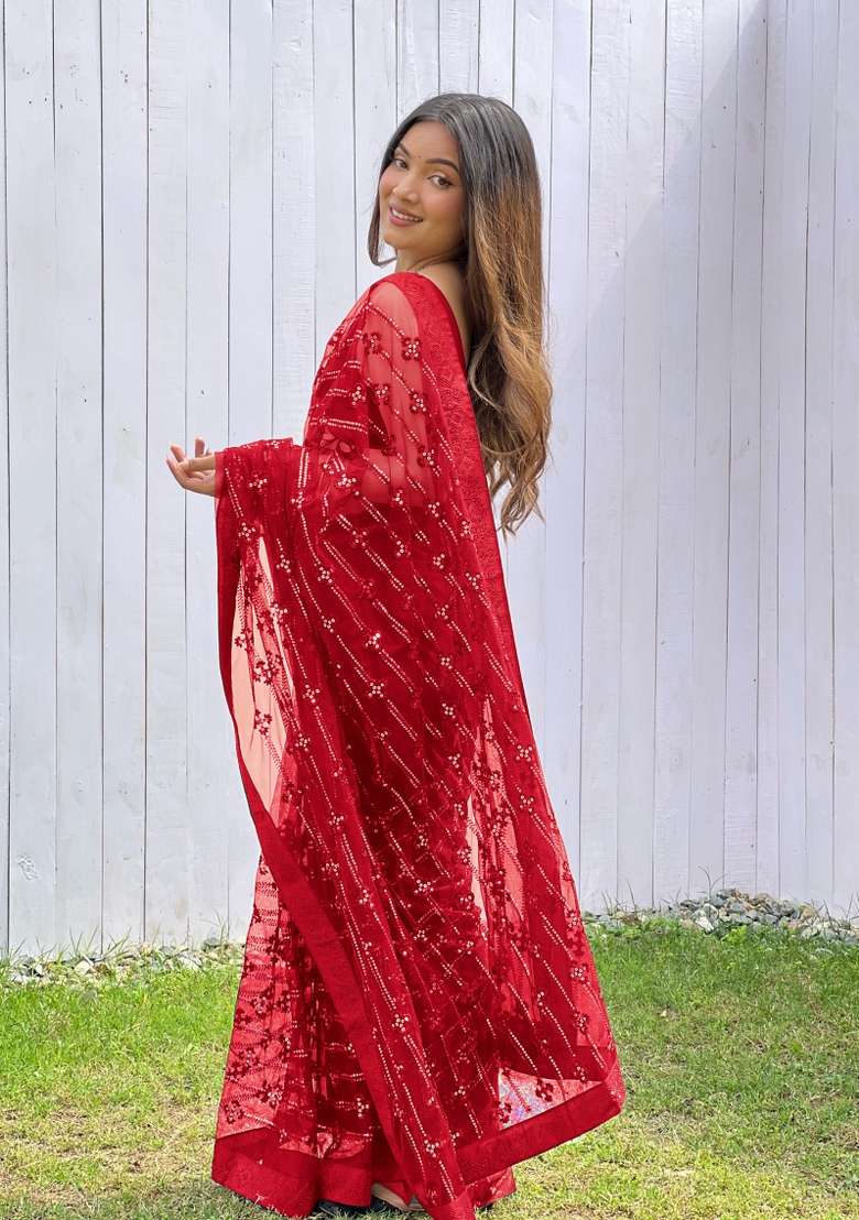 Red Net Saree Set with Embroidered for Diwali | Wedding & Festive Wear - Indya