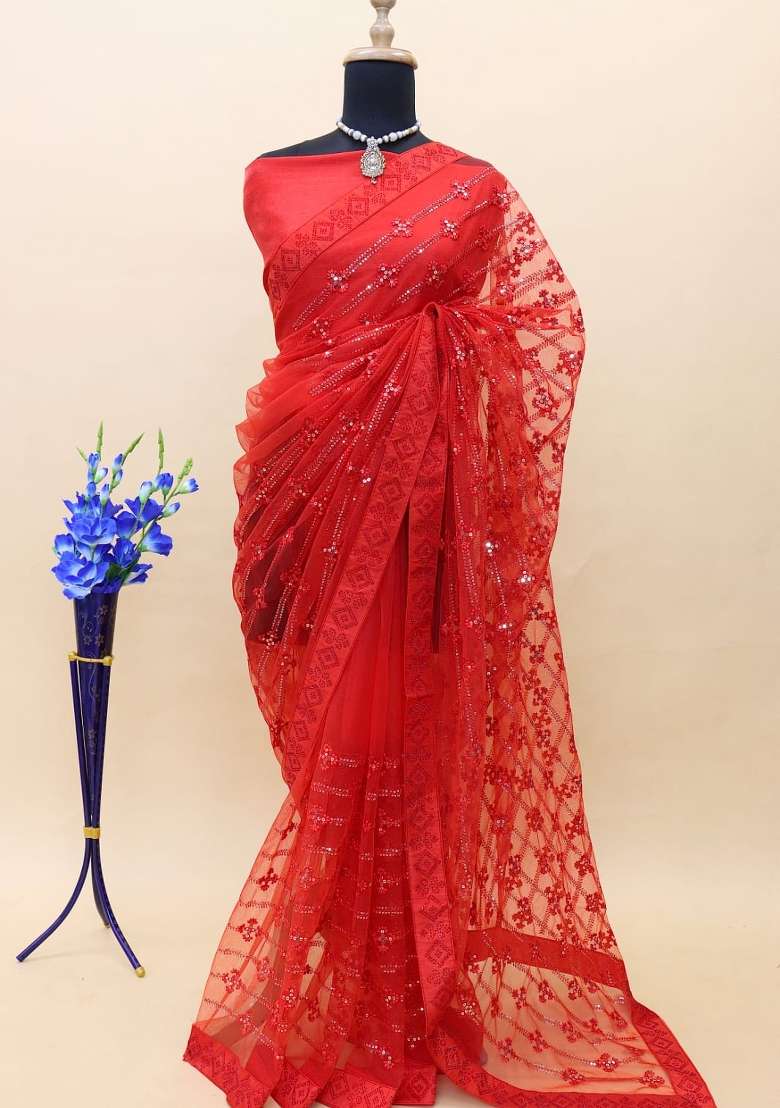 Red Net Saree Set with Embroidered for Diwali | Wedding & Festive Wear - Indya
