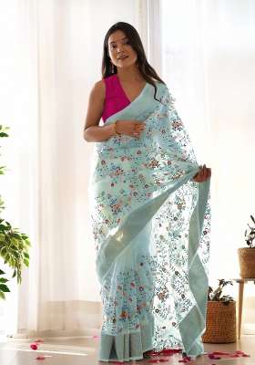 Light Grey Silk Blend Saree Set with Zari Work for Diwali | Wedding & Festive Wear