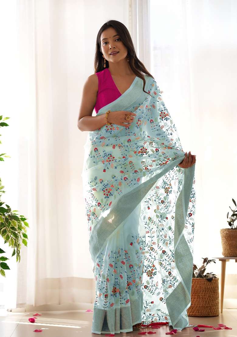 Light Grey Silk Blend Saree Set with Zari Work for Diwali | Wedding & Festive Wear - Indya