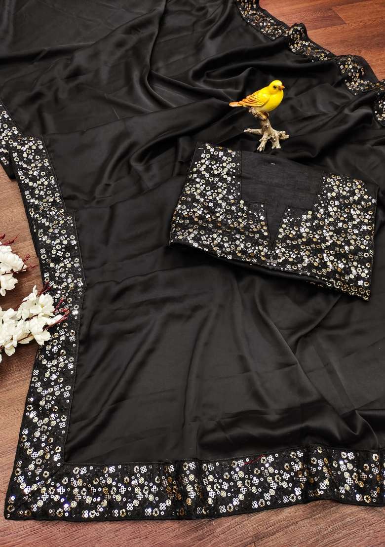 Black Silk Blend Saree Set with Embroidered for Diwali | Wedding & Festive Wear - Indya