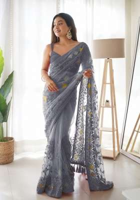 Grey Embroidered Net Saree Set for Diwali and Festive Wear